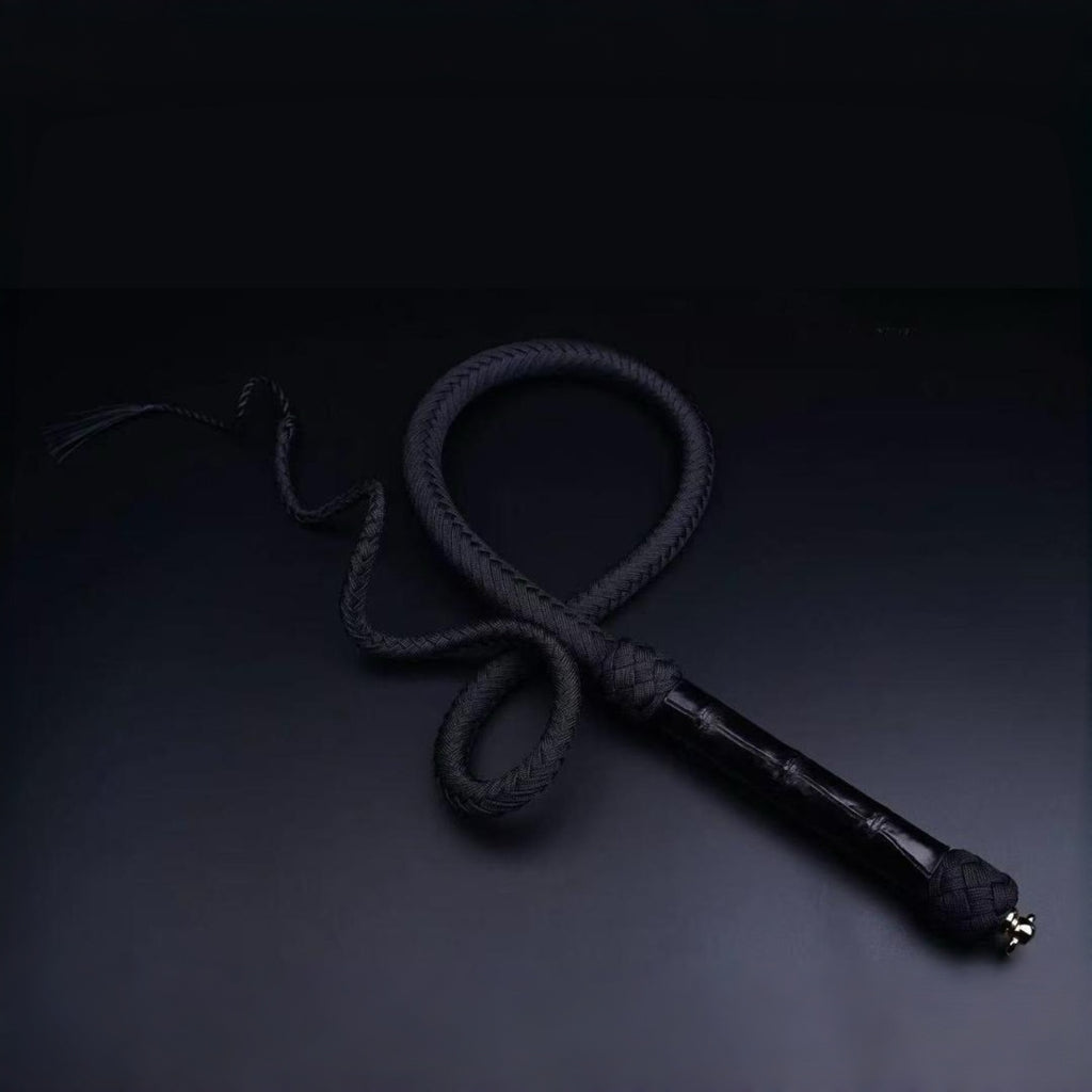 Black leather whip on a dark background